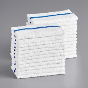 Blue stripe terry bar mop towels | Hotel Supplies USA White terry bar mop towels with blue center stripe