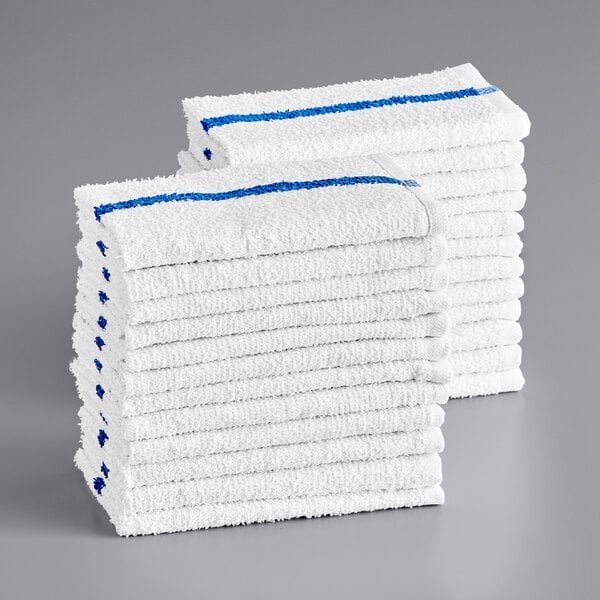Blue stripe terry bar mop towels | Hotel Supplies USA White terry bar mop towels with blue center stripe